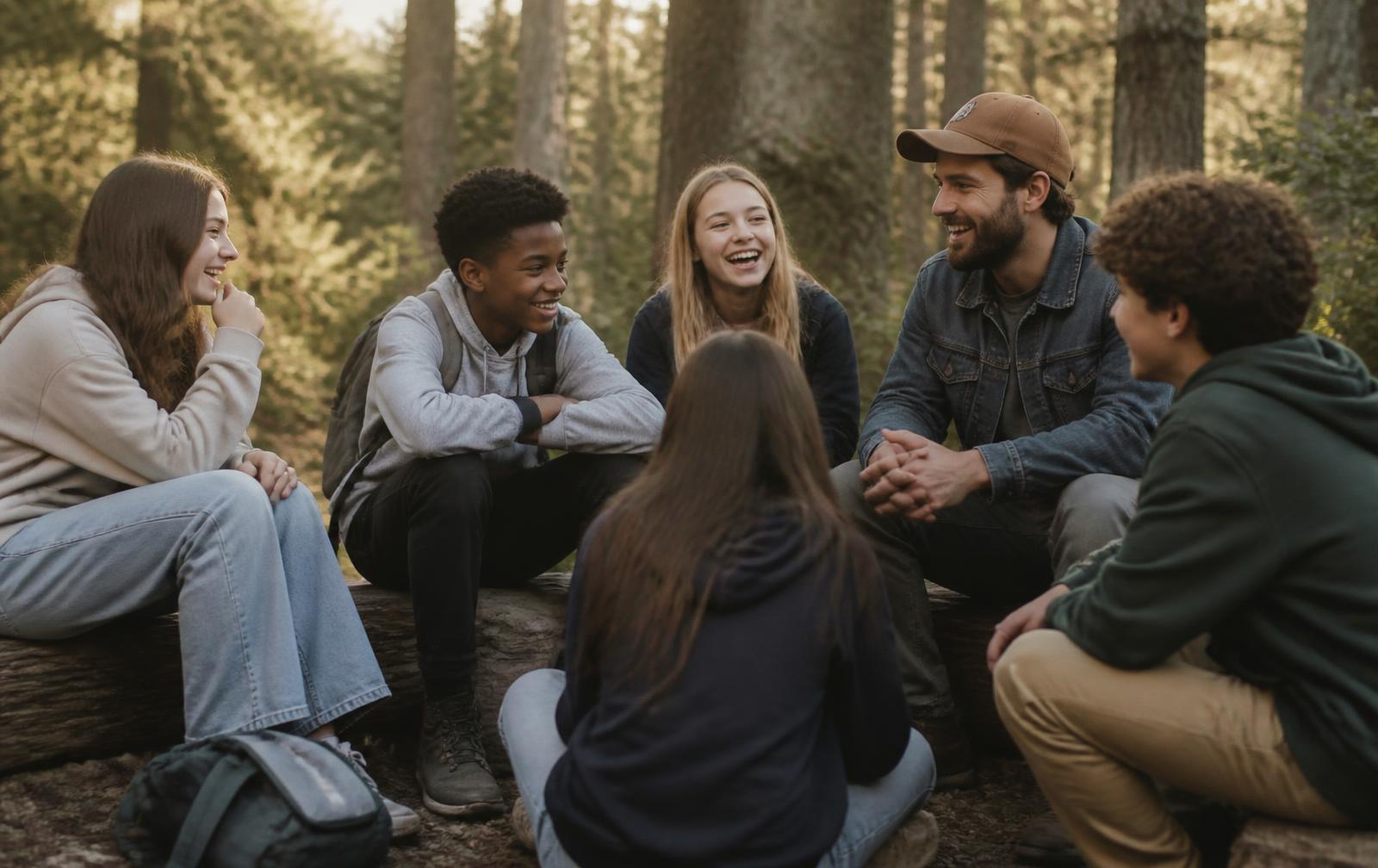 Jugendliche und ein Betreuer sitzen im Kreis auf Baumstämmen in einer Waldlichtung und unterhalten sich